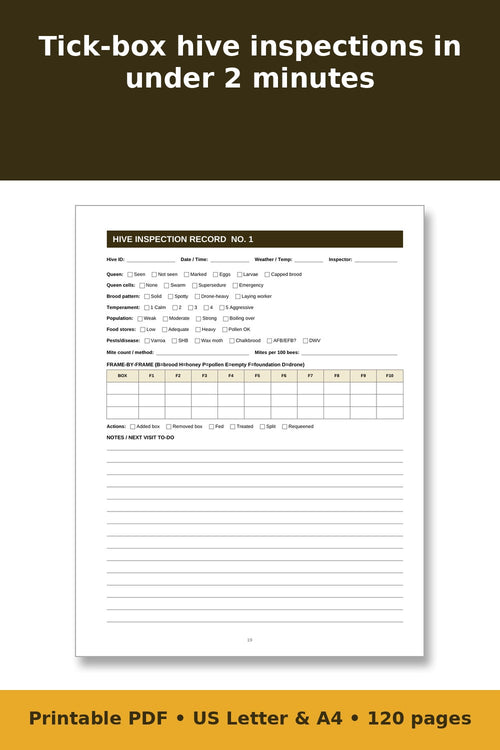 Beekeeping Log Book – printable PDF preview 2