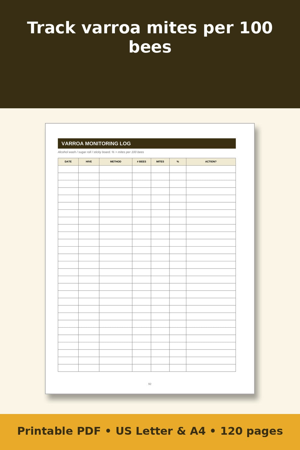 Beekeeping Log Book – printable PDF preview 3