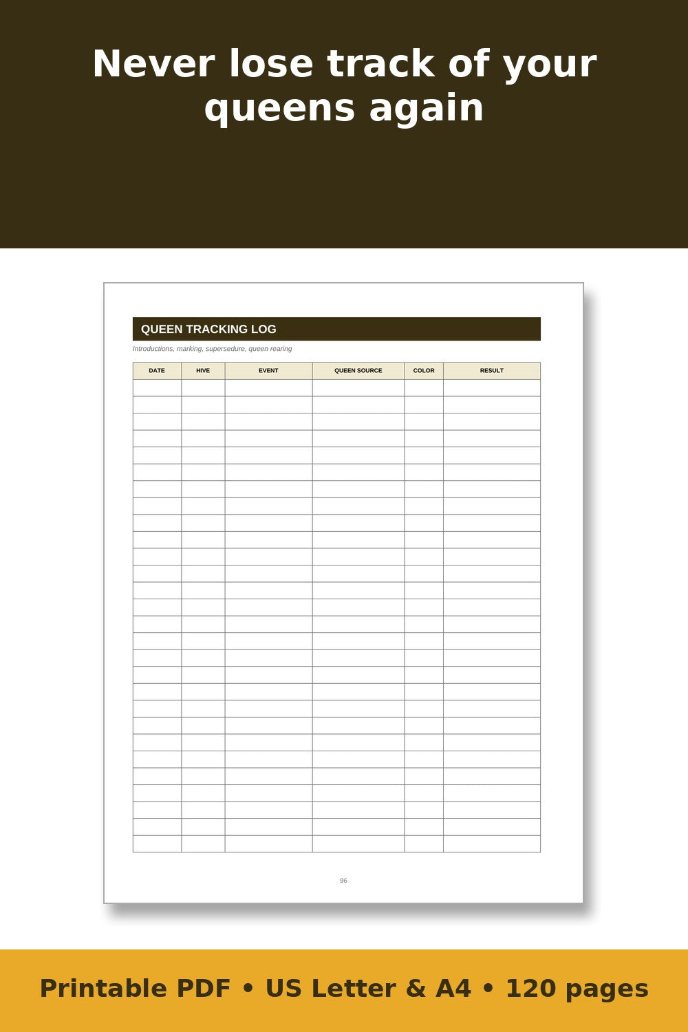 Beekeeping Log Book – printable PDF preview 4
