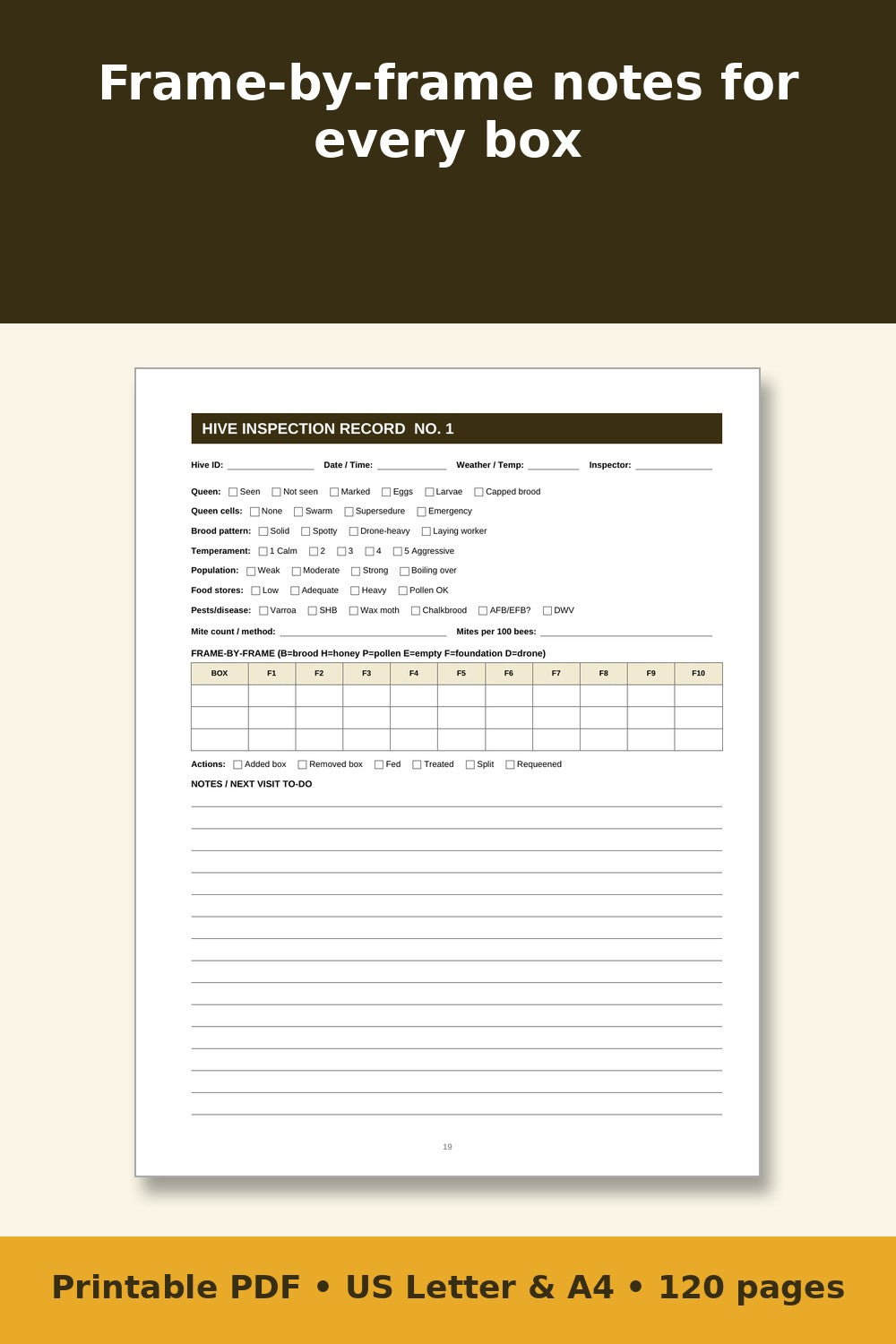Beekeeping Log Book – printable PDF preview 5