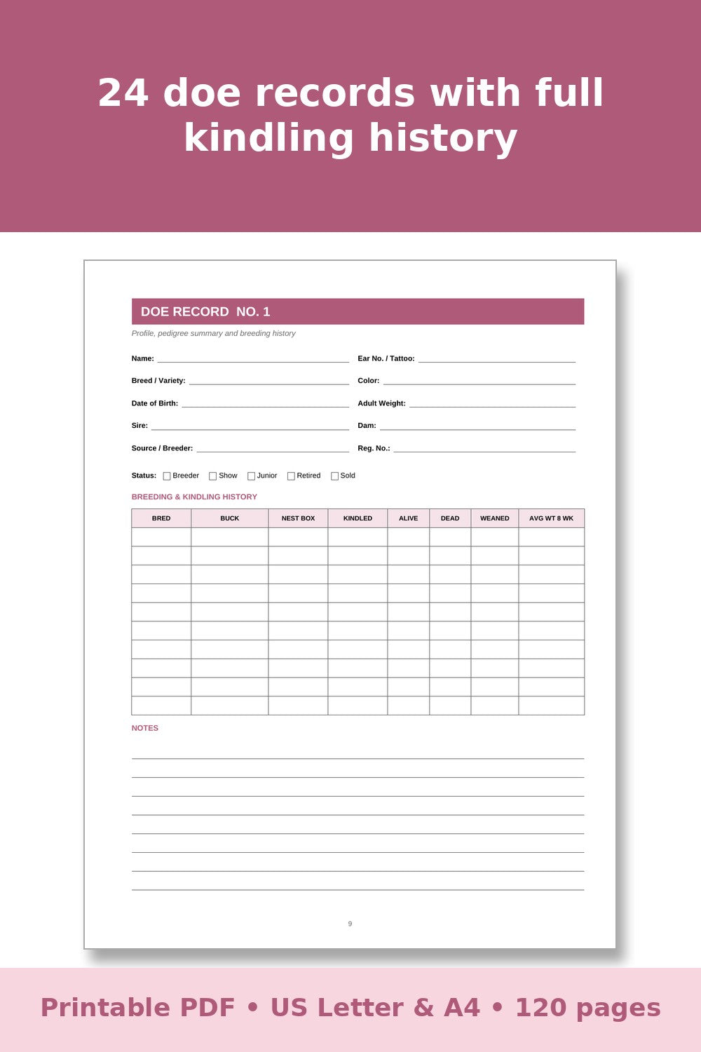 Rabbit Breeding Record Book – printable PDF preview 4