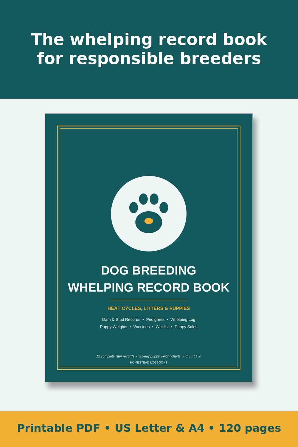 Dog Breeding & Whelping Record Book – printable PDF preview 1