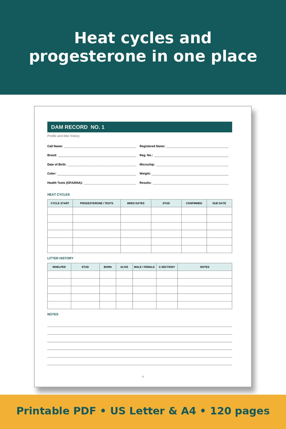 Dog Breeding & Whelping Record Book – printable PDF preview 4