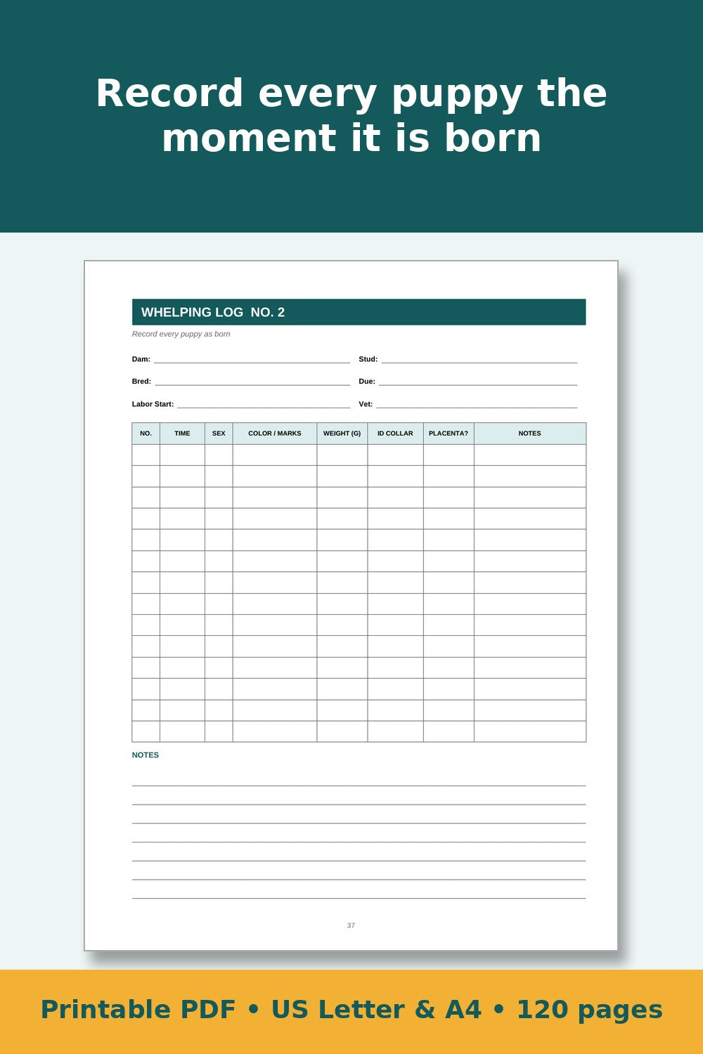 Dog Breeding & Whelping Record Book – printable PDF preview 5