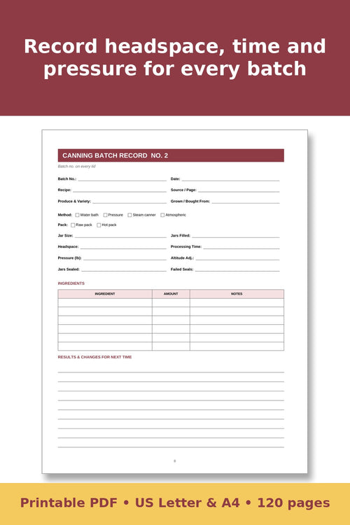 Canning and Food Preservation Log Book – printable PDF preview 2