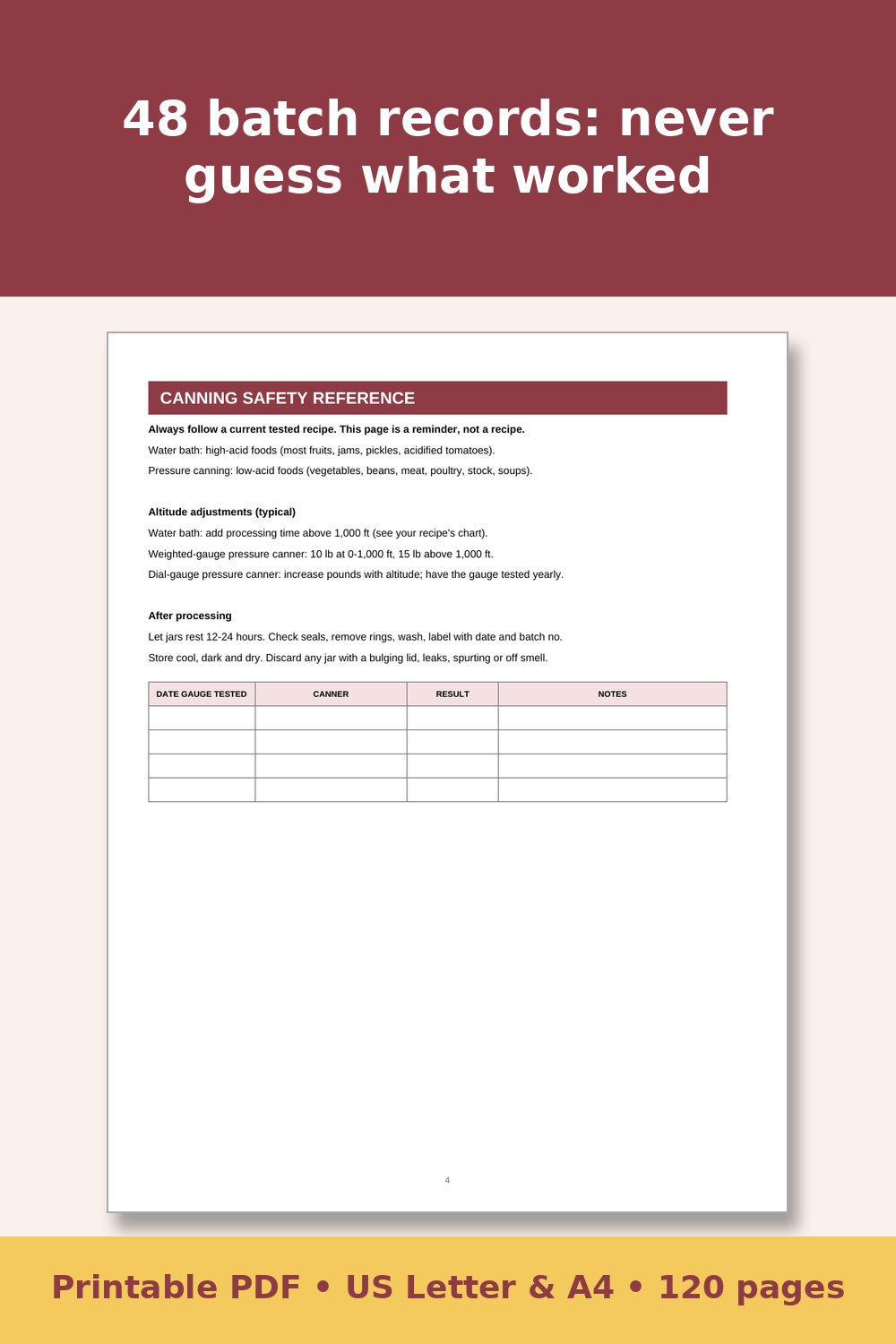 Canning and Food Preservation Log Book – printable PDF preview 3