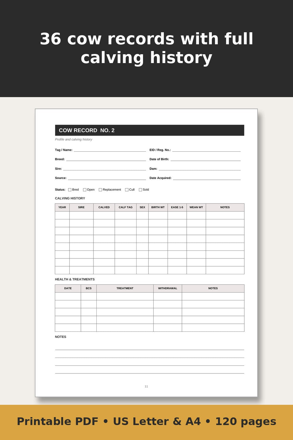 Cattle Record Keeping Log Book – printable PDF preview 3
