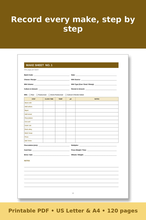 Cheese Making Log Book – printable PDF preview 2