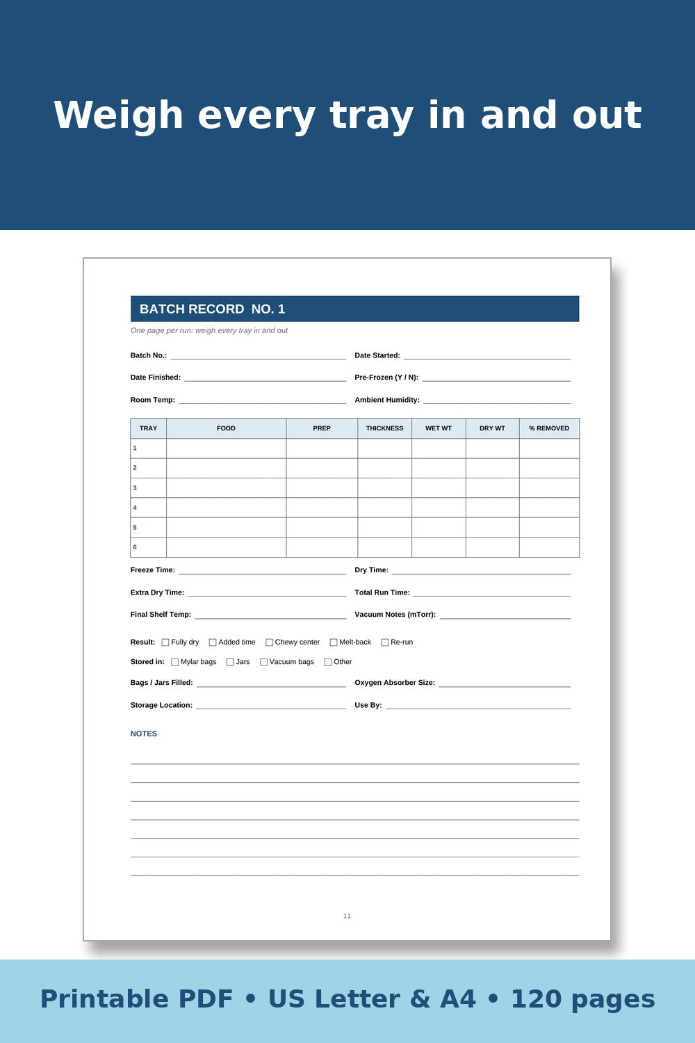 Freeze Drying Log Book – printable PDF preview 2