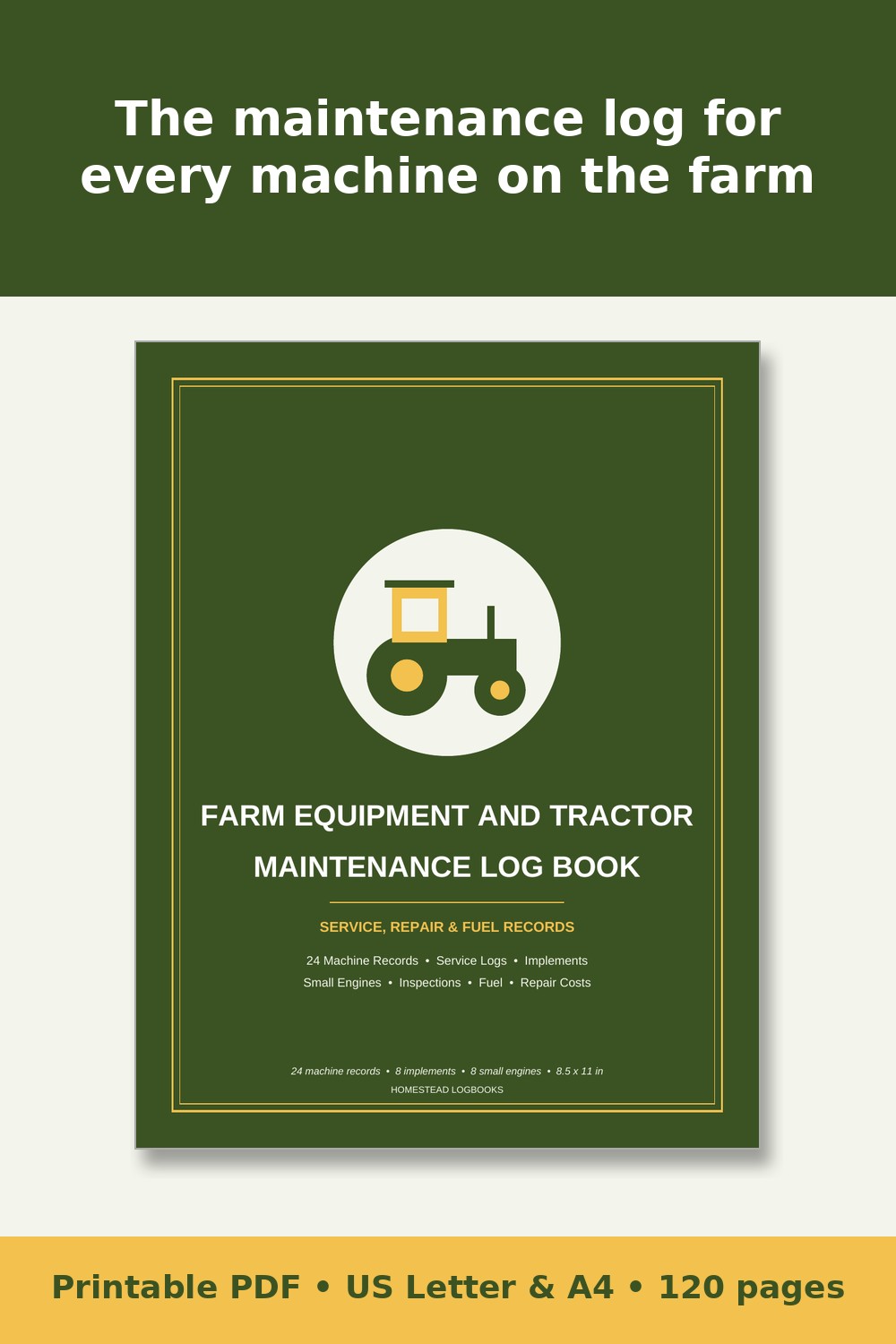 Farm Equipment and Tractor Maintenance Log Book – printable PDF preview 1