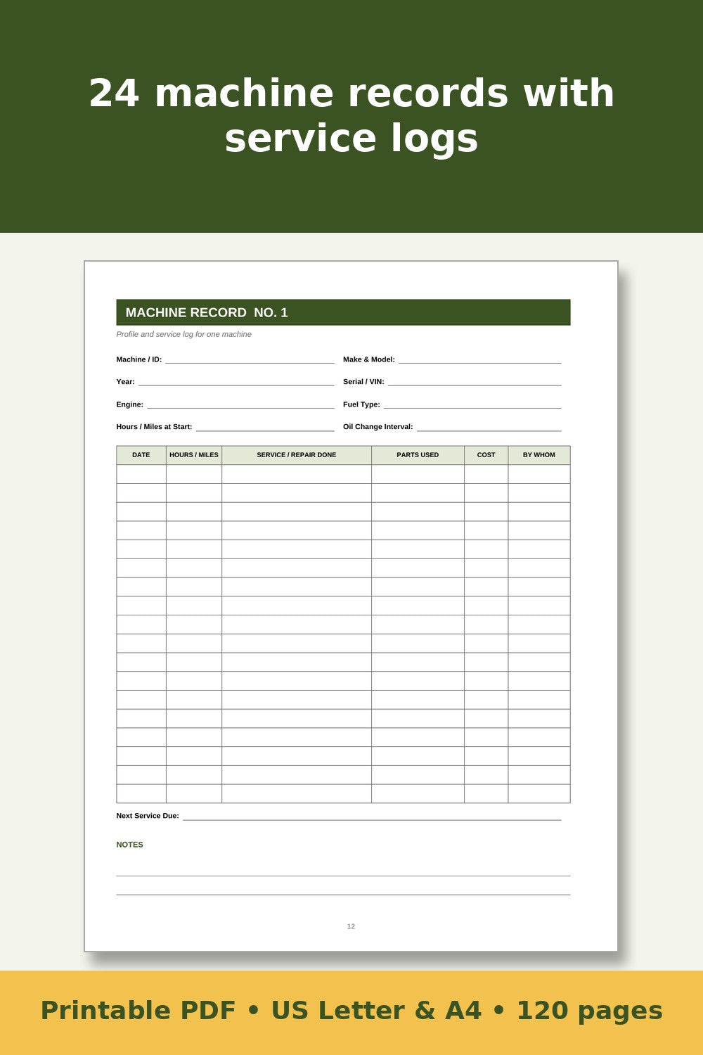 Farm Equipment and Tractor Maintenance Log Book – printable PDF preview 3