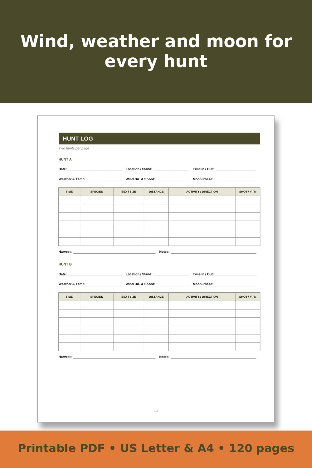 Hunting Log Book and Game Harvest Record – printable PDF preview 2