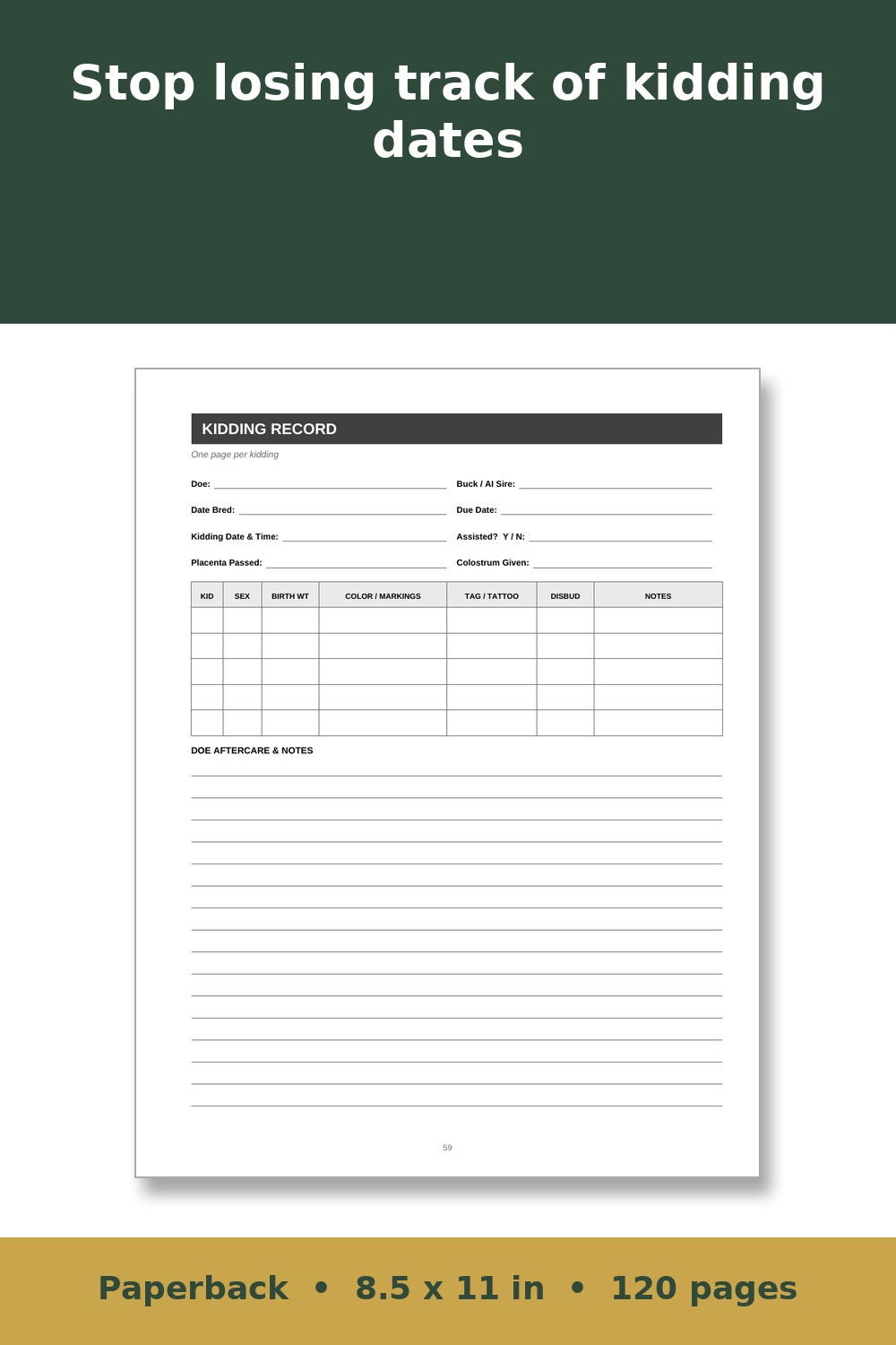 Goat Record Keeping Log Book – inside page