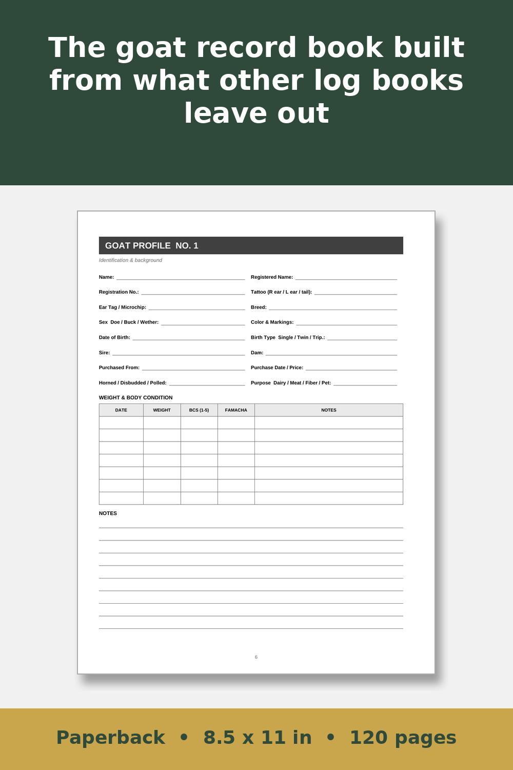 Goat Record Keeping Log Book – inside page