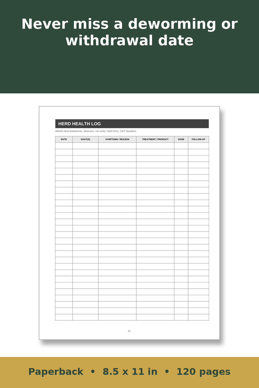 Goat Record Keeping Log Book – inside page