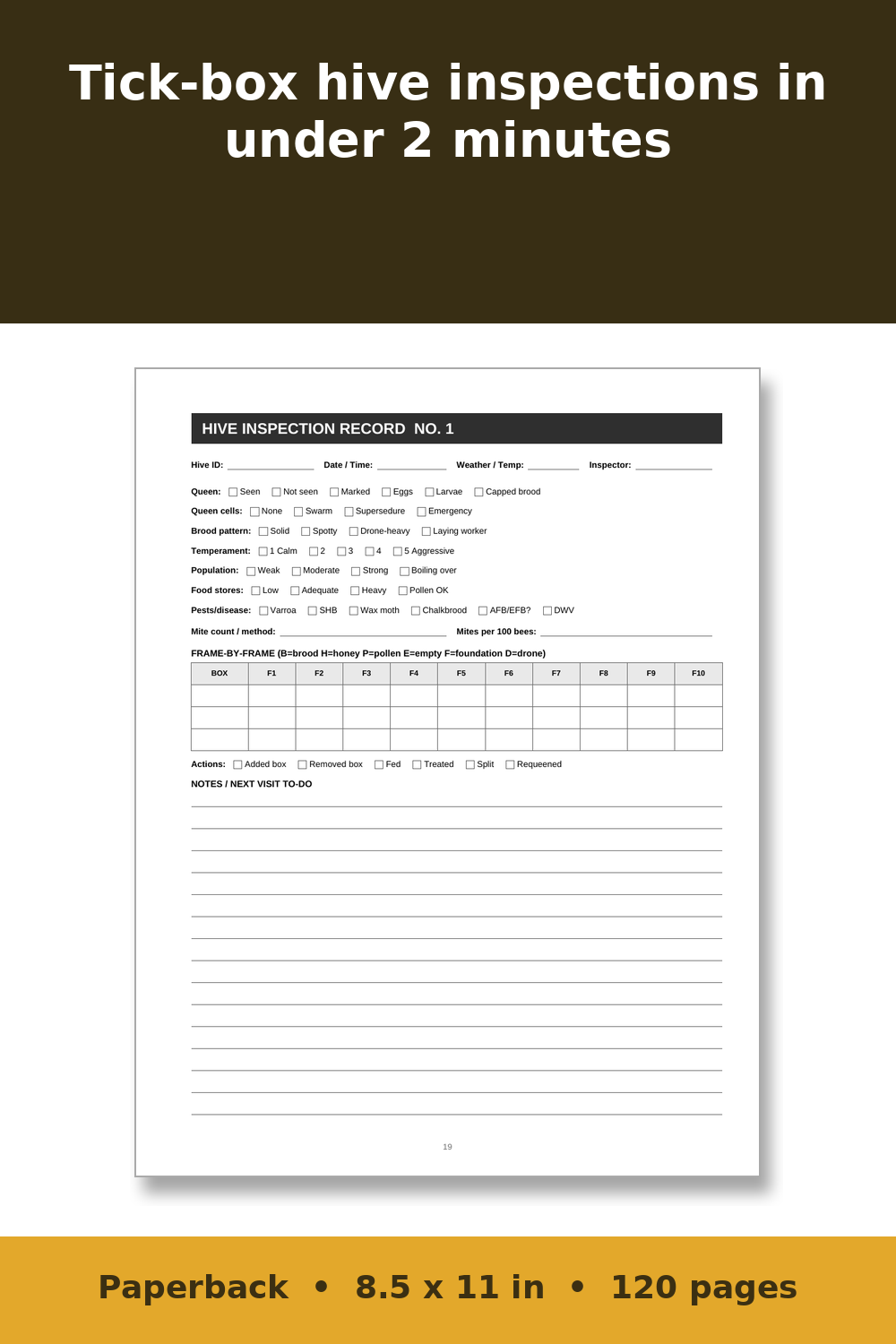 Beekeeping Log Book – inside page