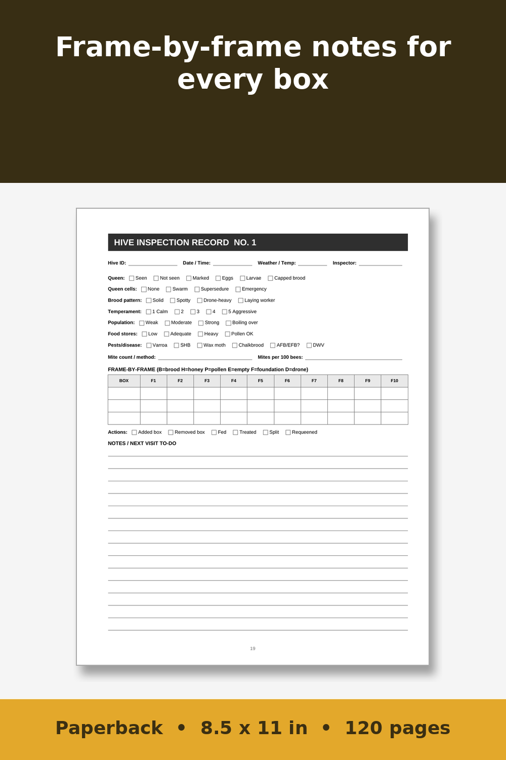 Beekeeping Log Book – inside page