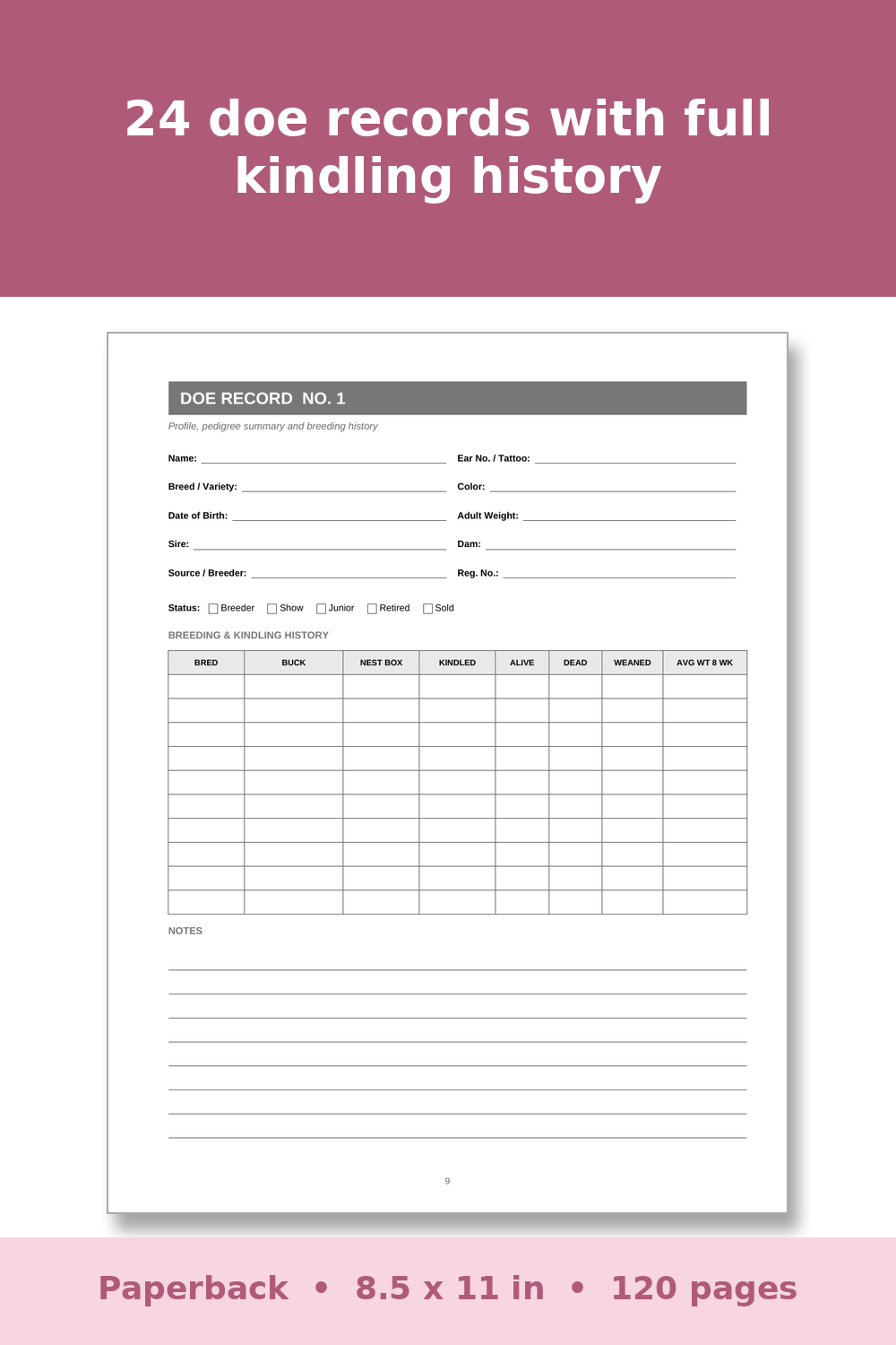 Rabbit Breeding Record Book – inside page