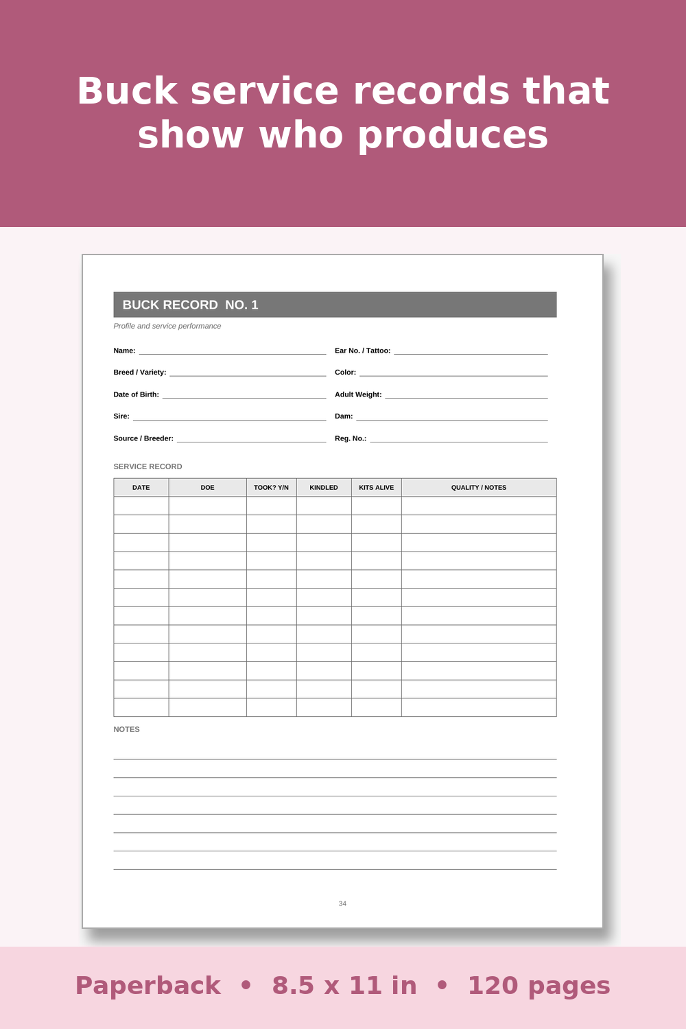 Rabbit Breeding Record Book – inside page