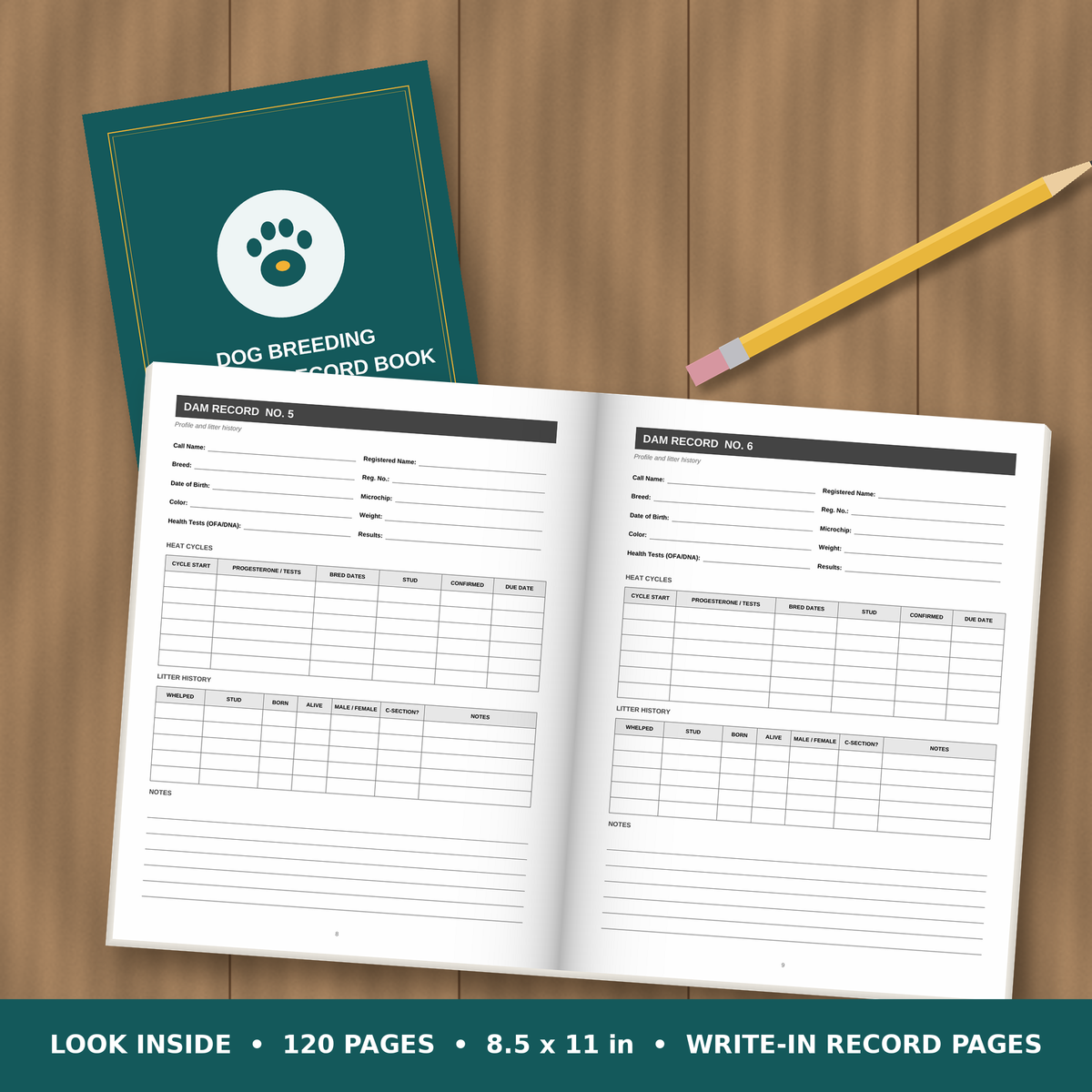Dog Breeding & Whelping Record Book – inside pages spread