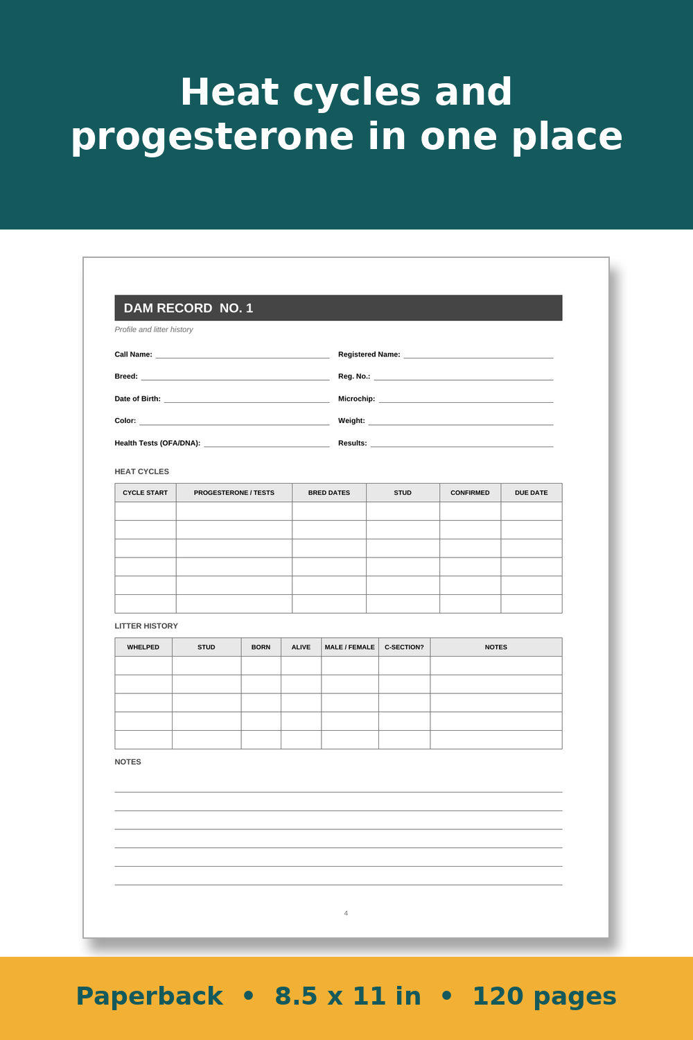 Dog Breeding & Whelping Record Book – inside page