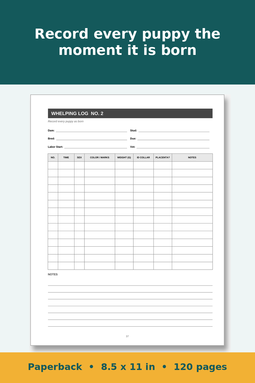 Dog Breeding & Whelping Record Book – inside page