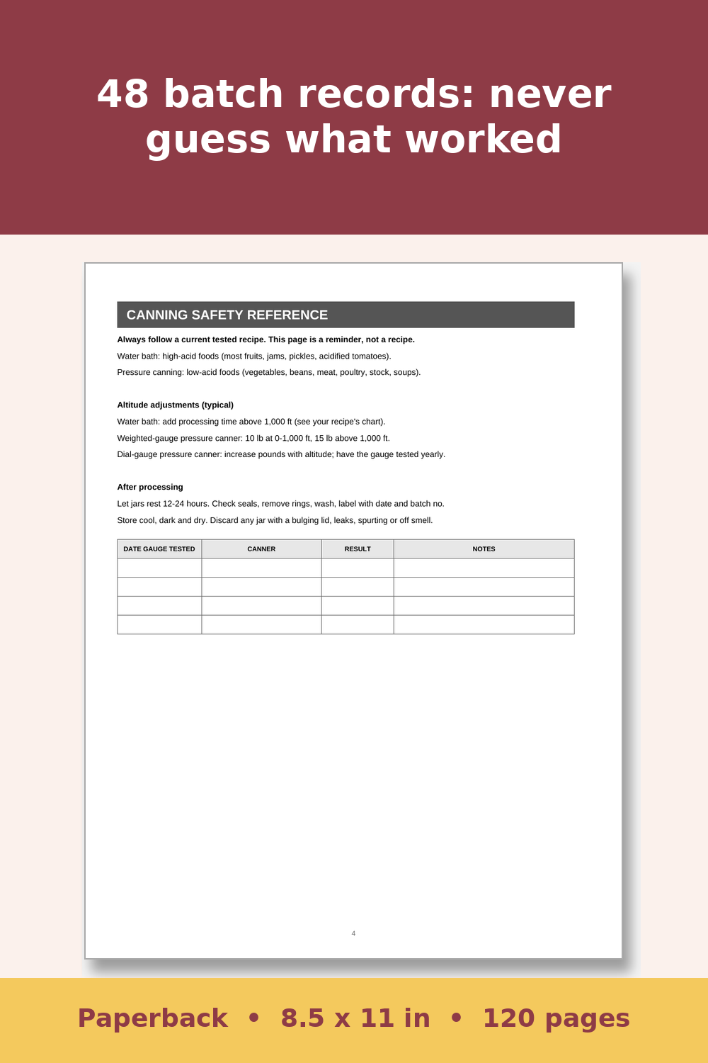 Canning and Food Preservation Log Book – inside page