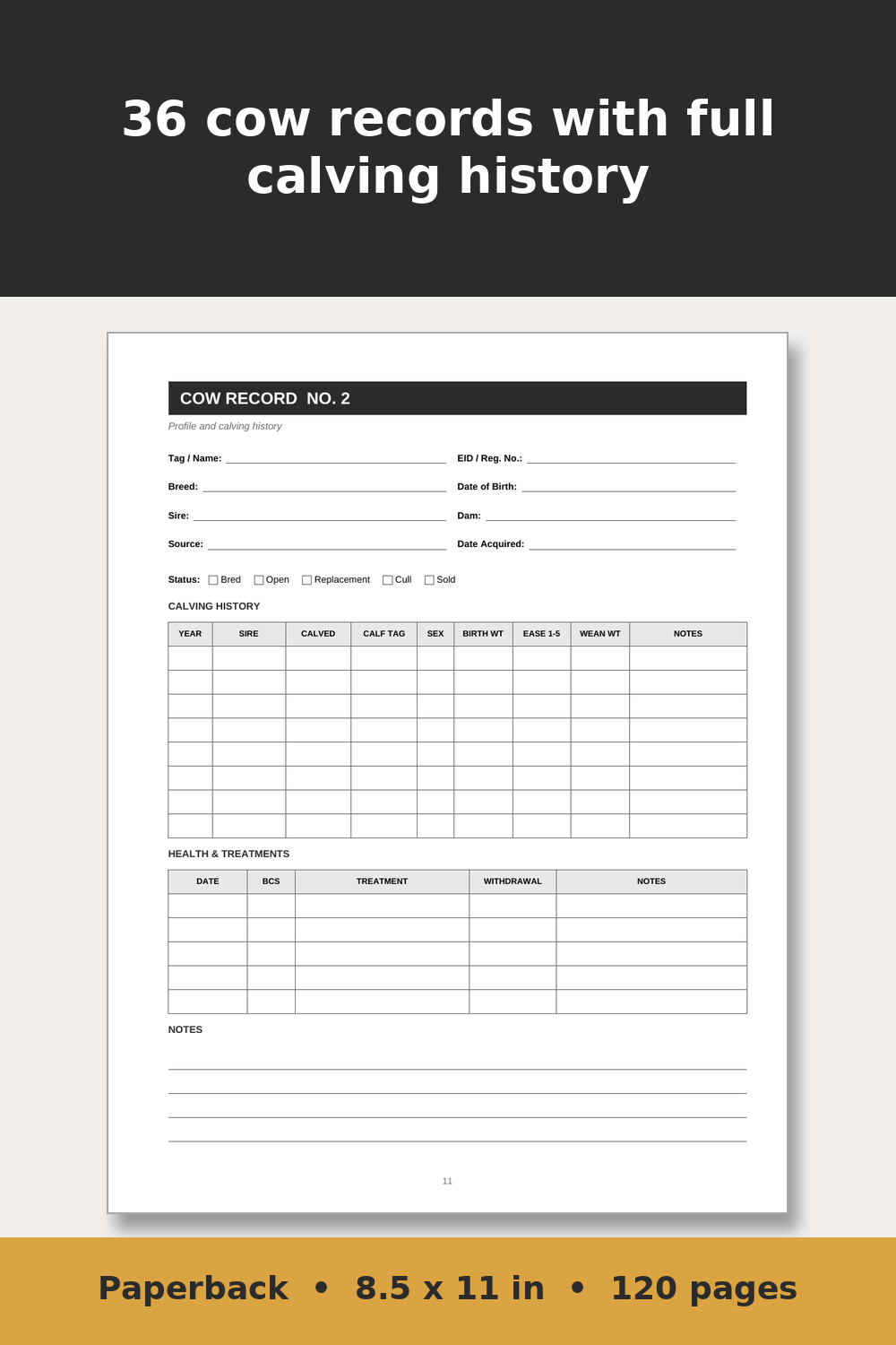 Cattle Record Keeping Log Book – inside page