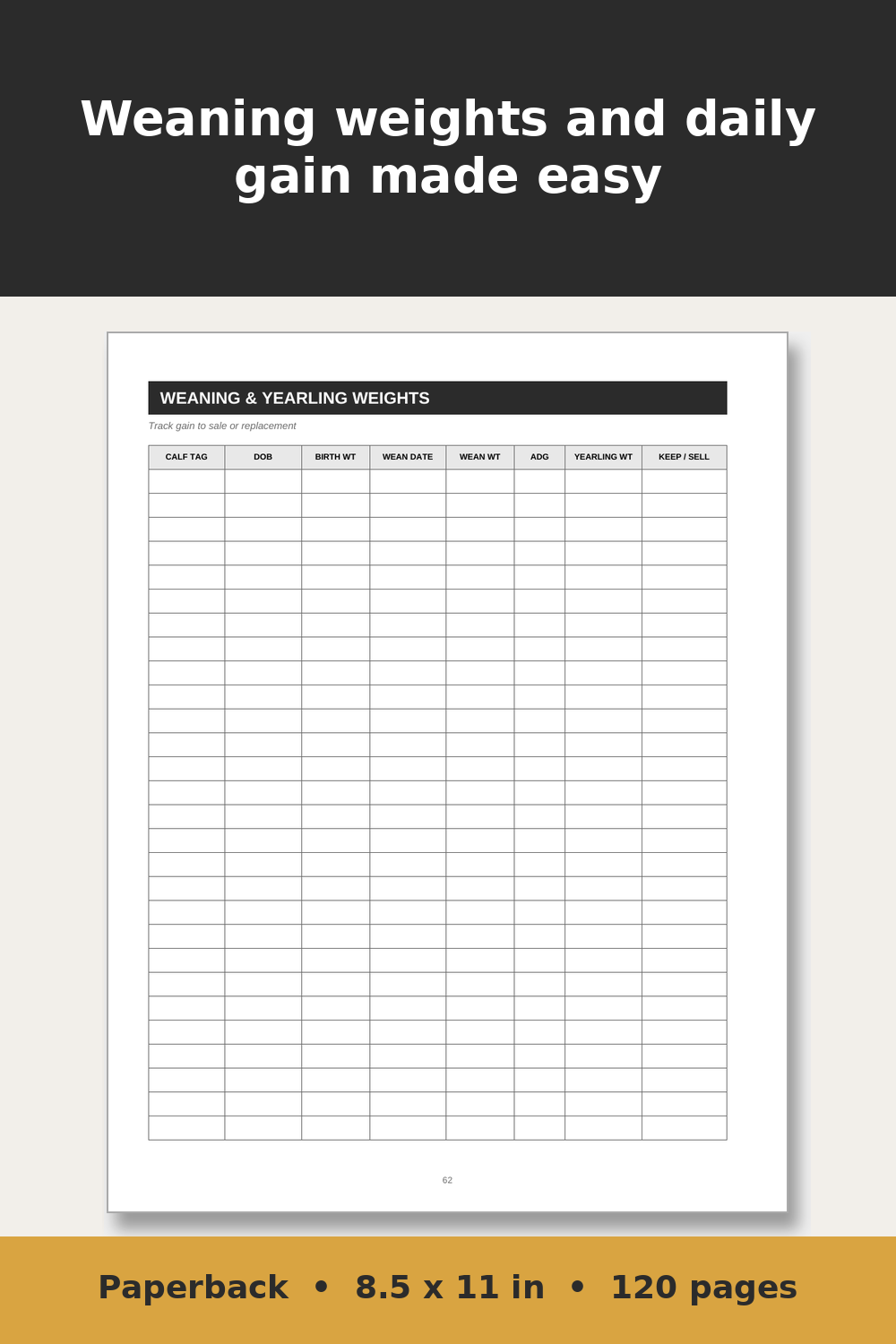 Cattle Record Keeping Log Book – inside page