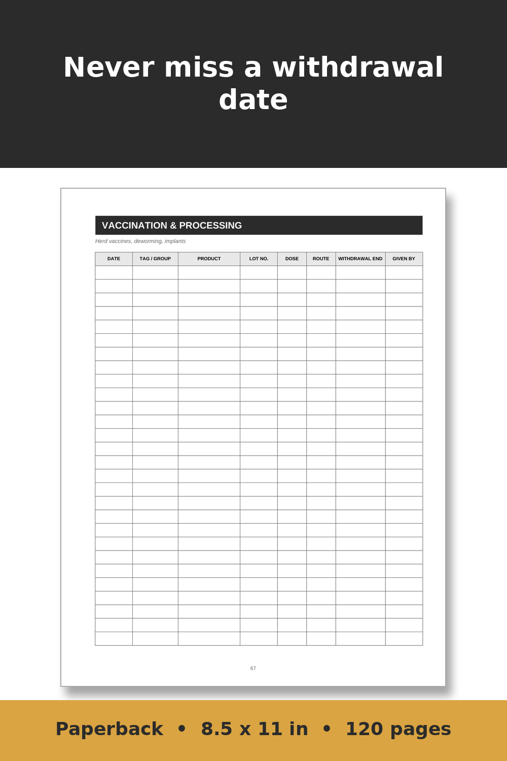 Cattle Record Keeping Log Book – inside page