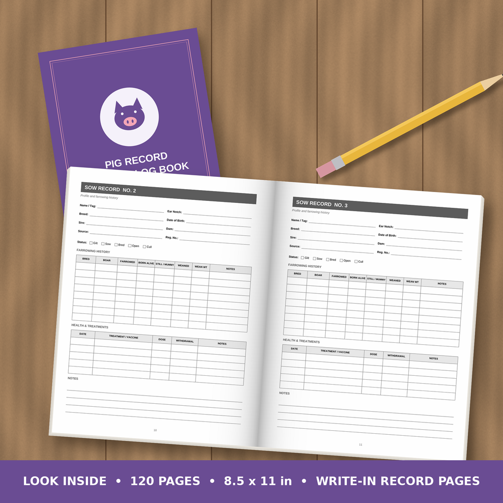 Pig Record Keeping Log Book – inside pages spread