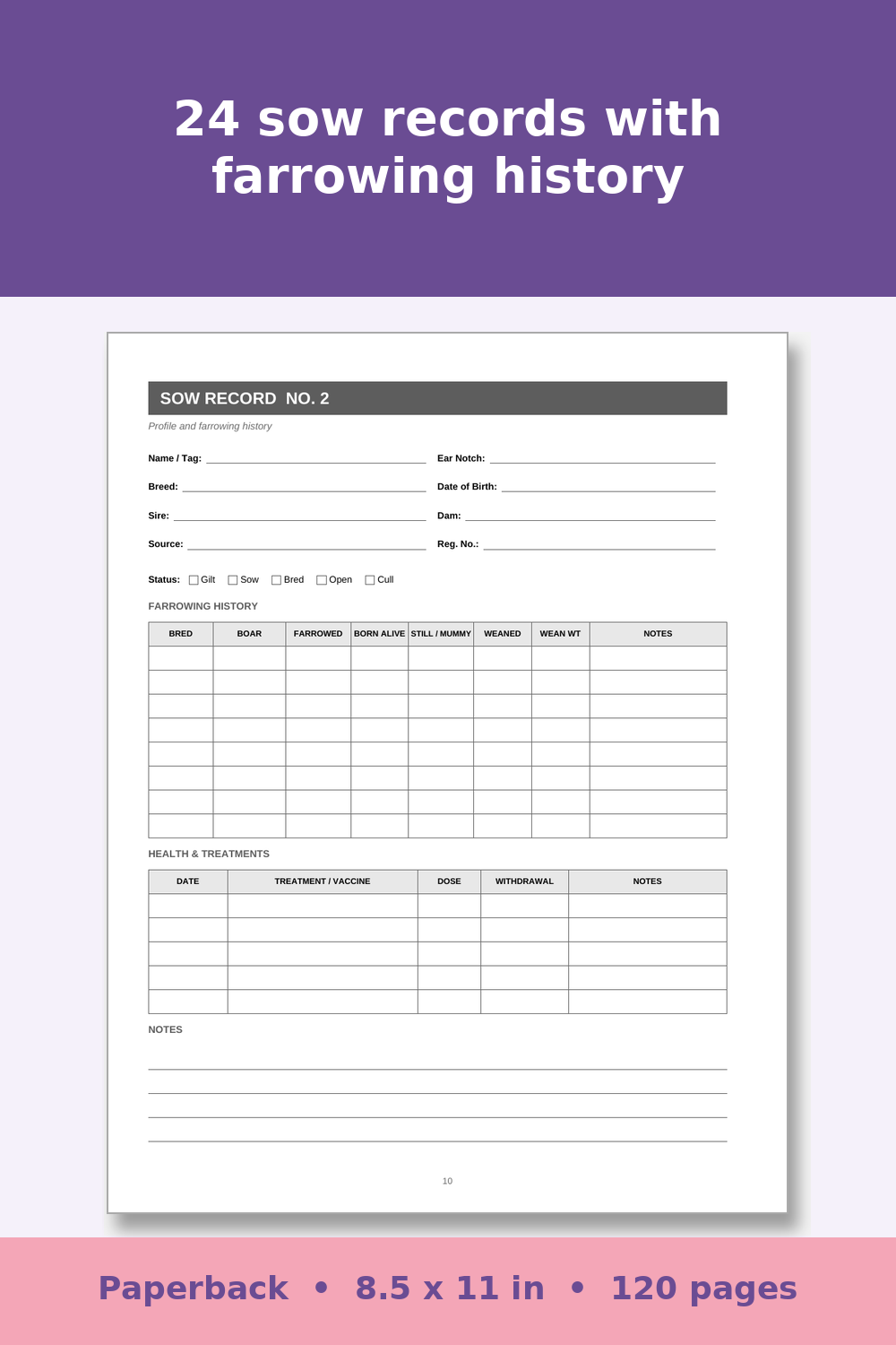 Pig Record Keeping Log Book – inside page