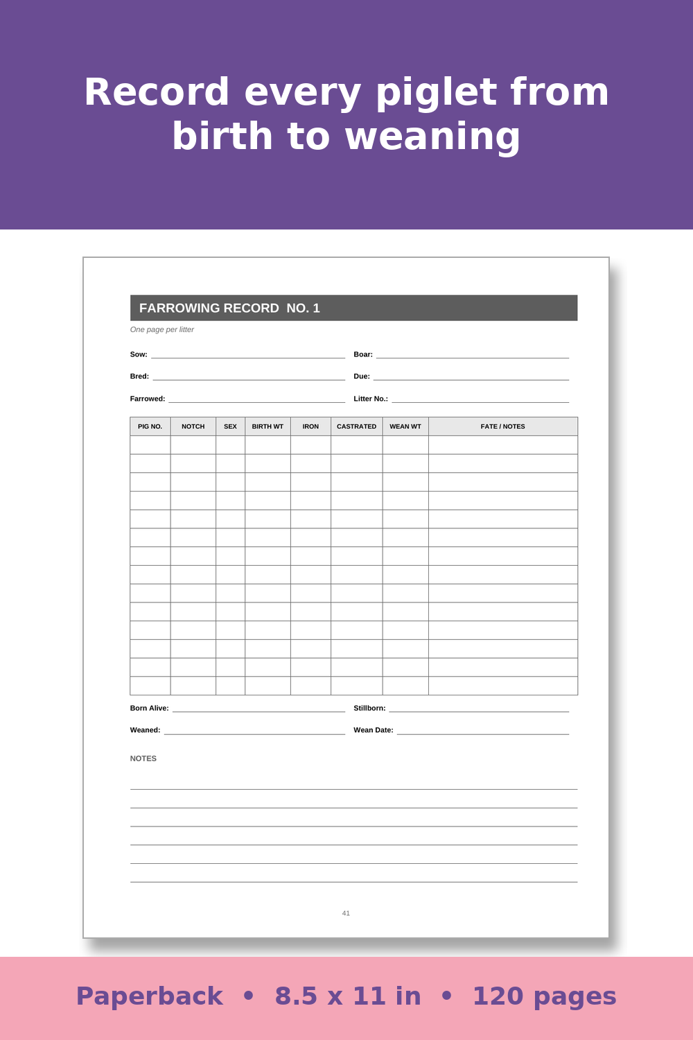 Pig Record Keeping Log Book – inside page