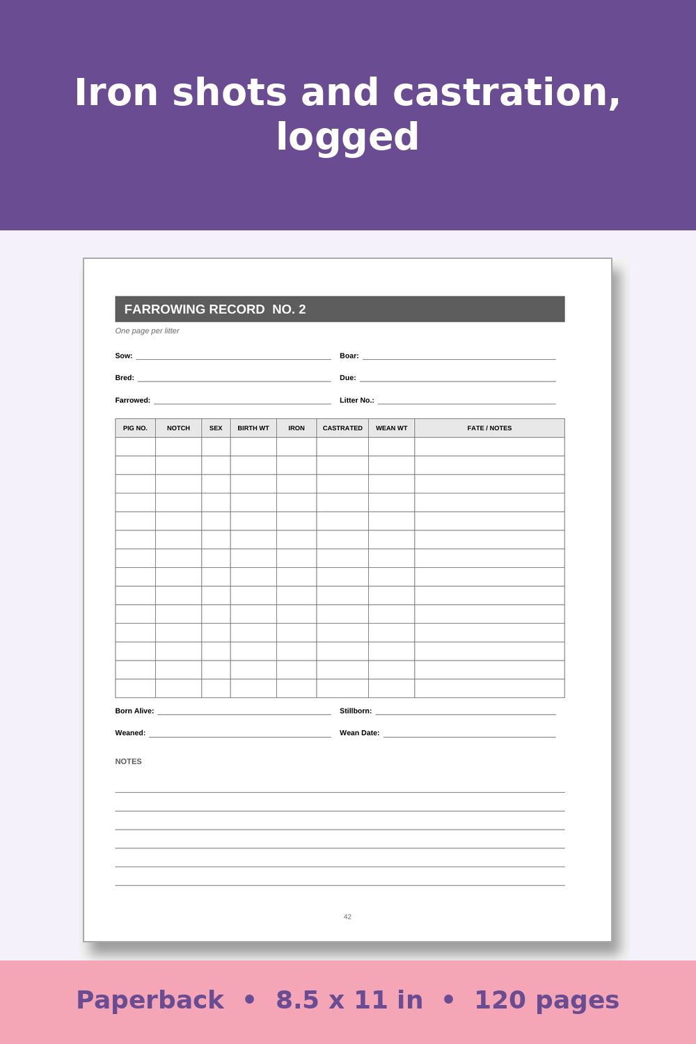 Pig Record Keeping Log Book – inside page
