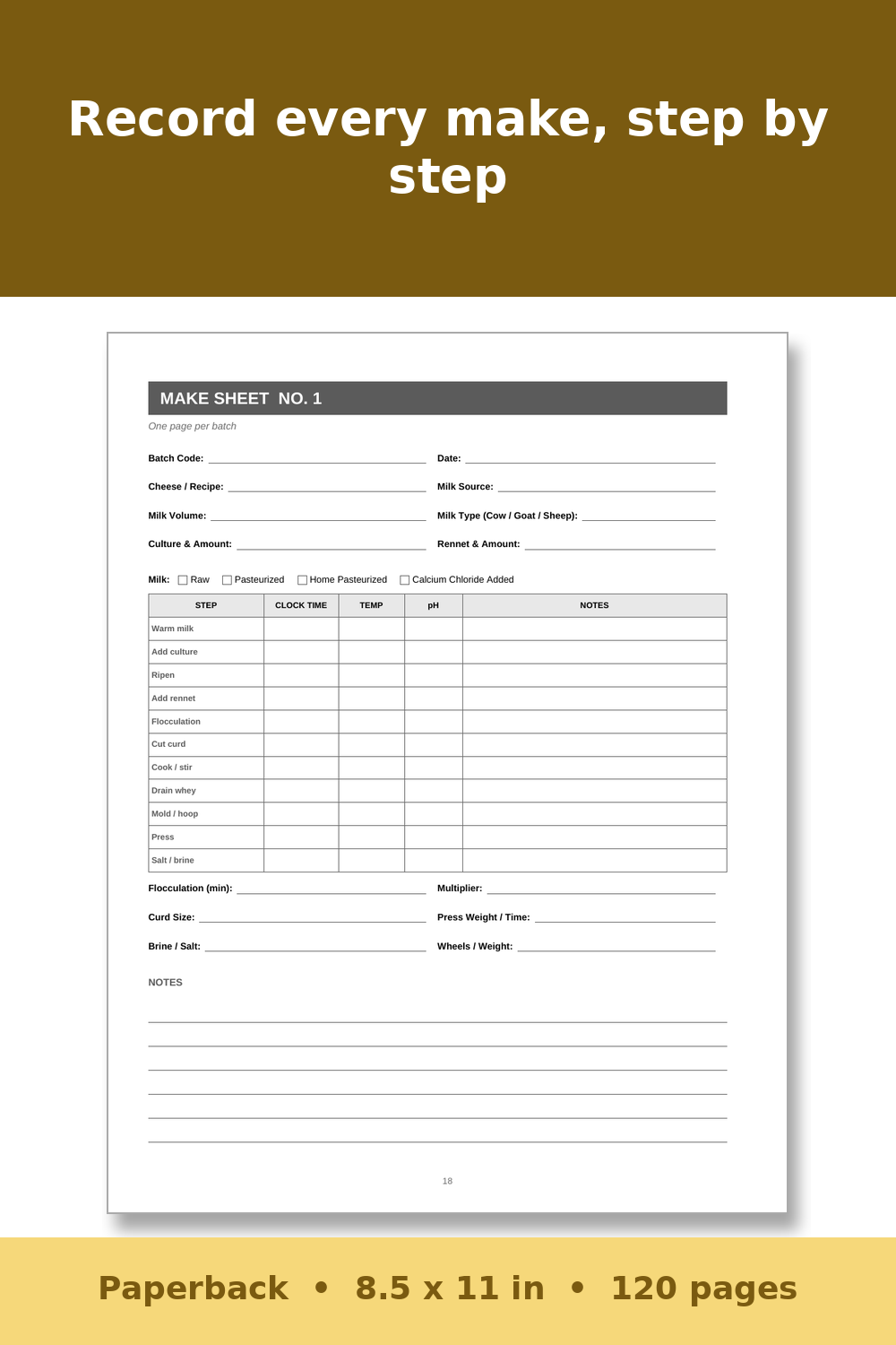 Cheese Making Log Book – inside page