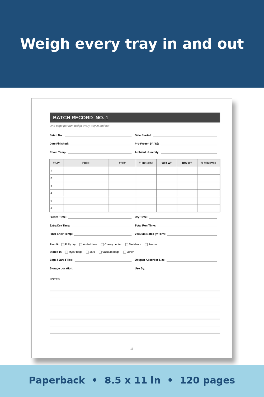 Freeze Drying Log Book – inside page