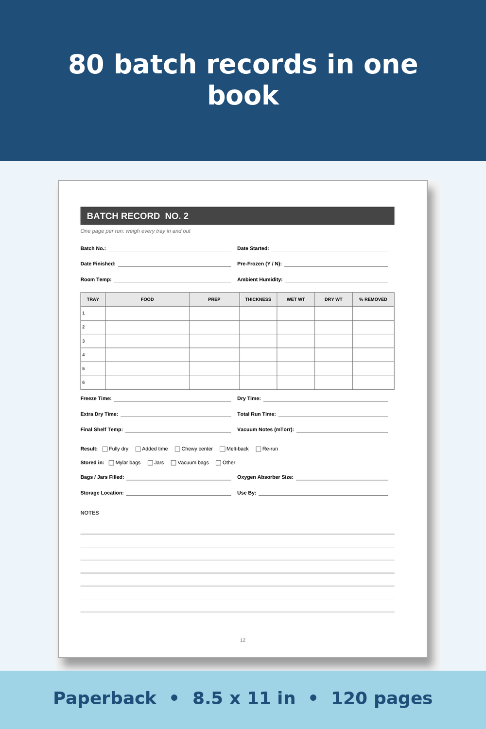 Freeze Drying Log Book – inside page