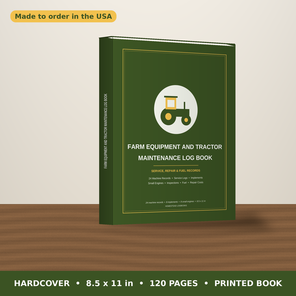 Farm Equipment and Tractor Maintenance Log Book – hardcover