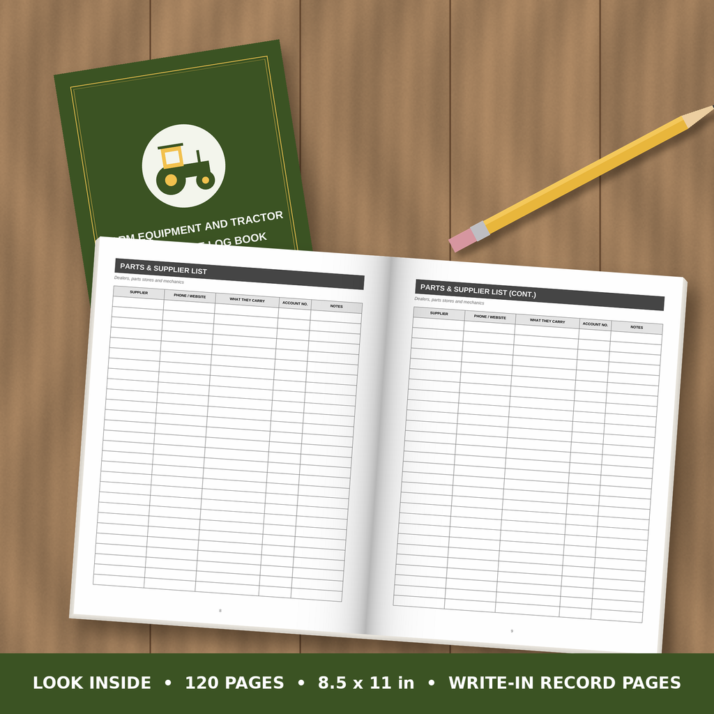 Farm Equipment and Tractor Maintenance Log Book – inside pages spread