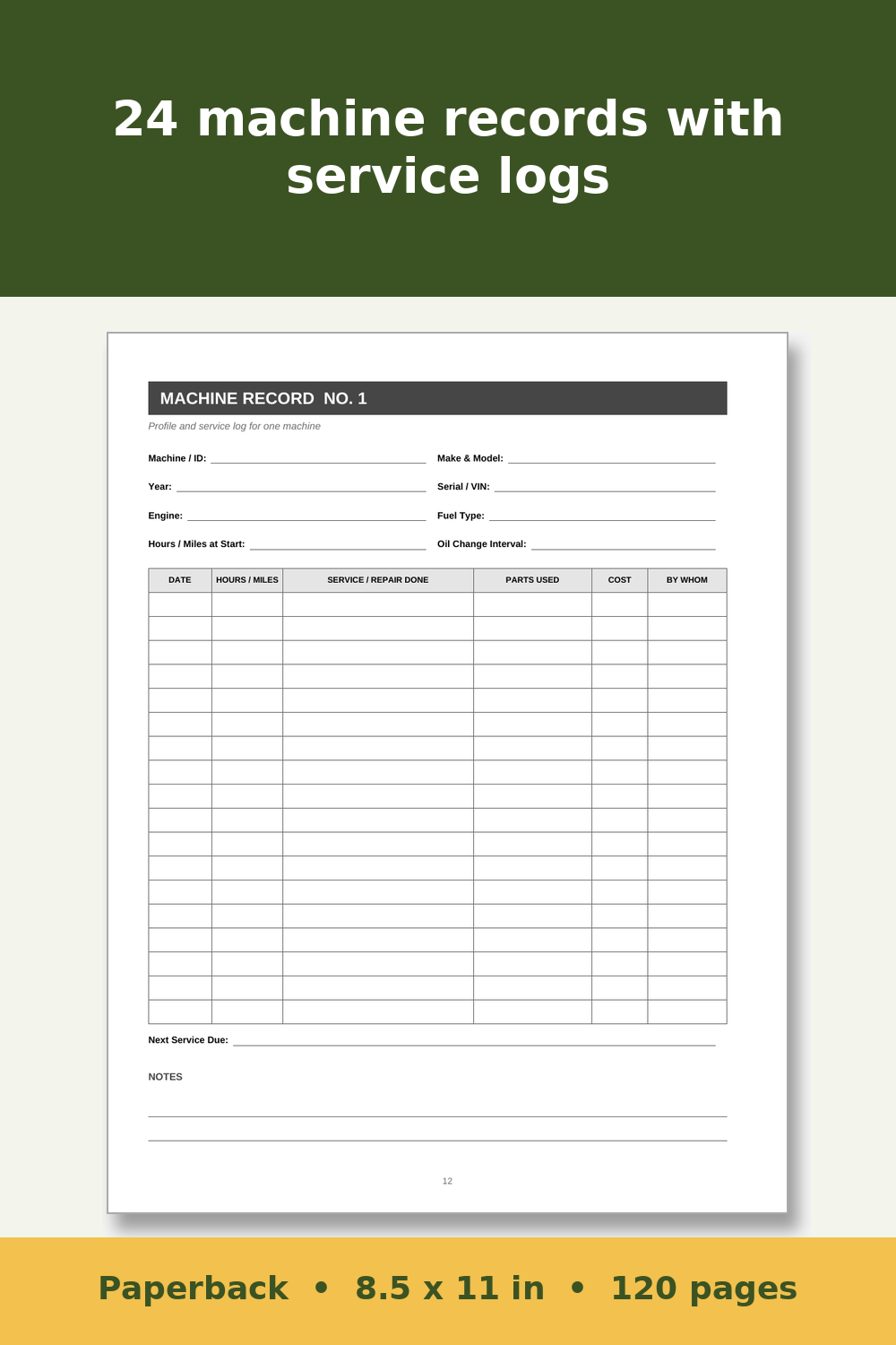 Farm Equipment and Tractor Maintenance Log Book – inside page