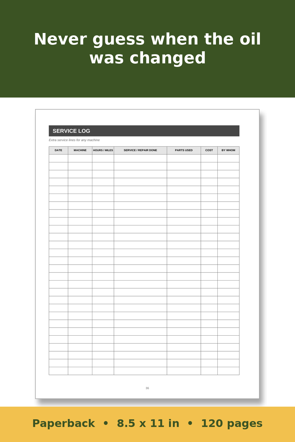 Farm Equipment and Tractor Maintenance Log Book – inside page
