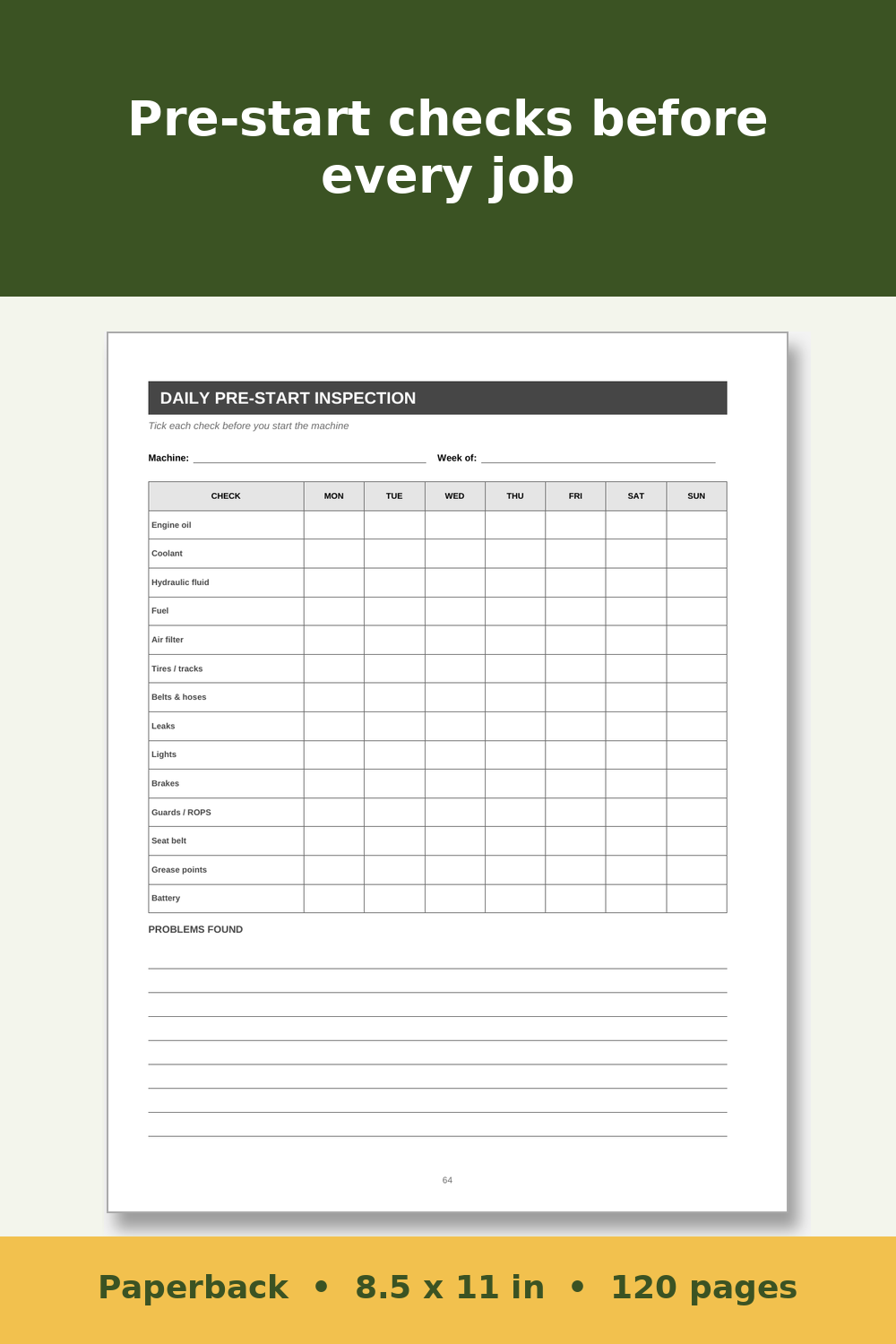 Farm Equipment and Tractor Maintenance Log Book – inside page