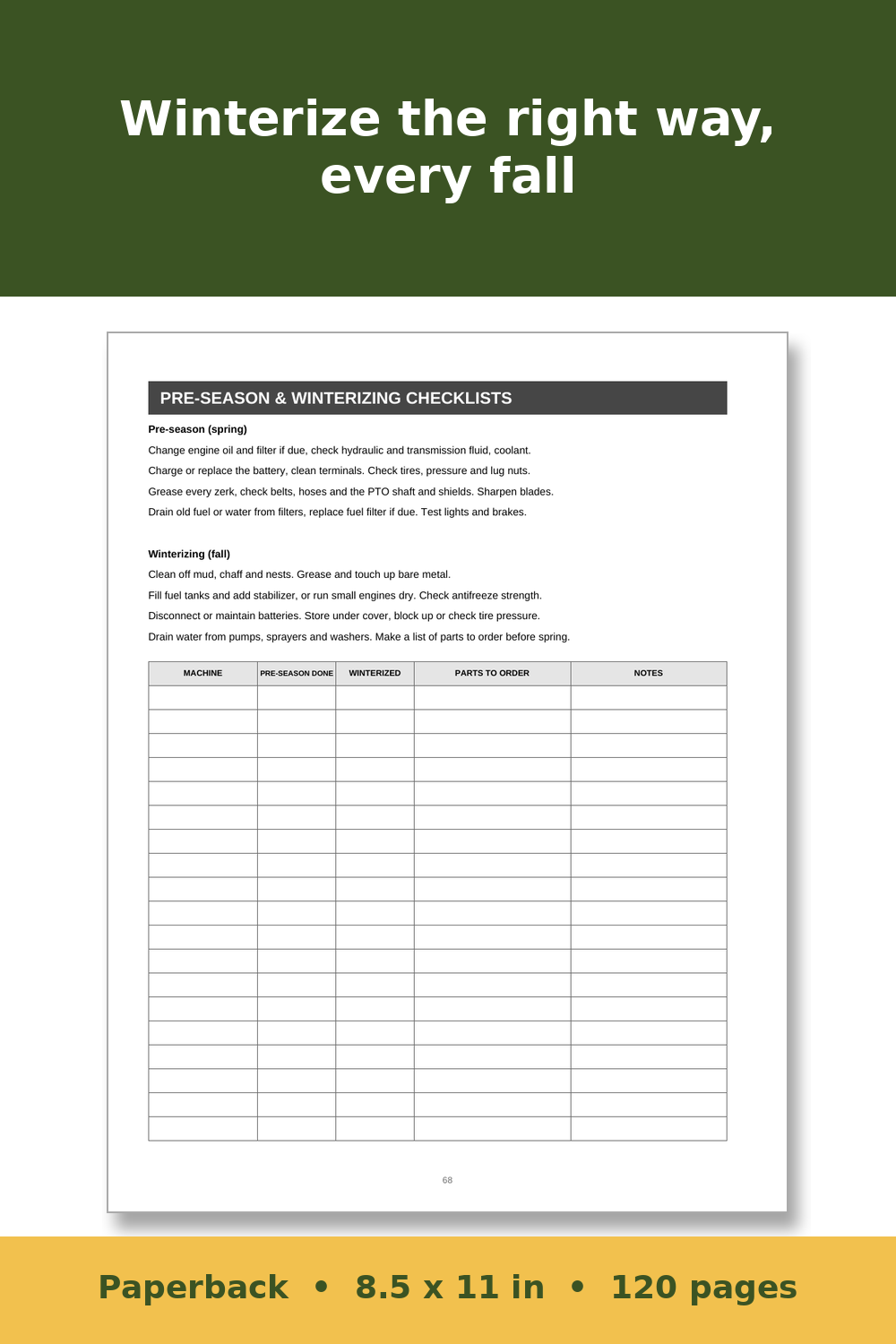 Farm Equipment and Tractor Maintenance Log Book – inside page