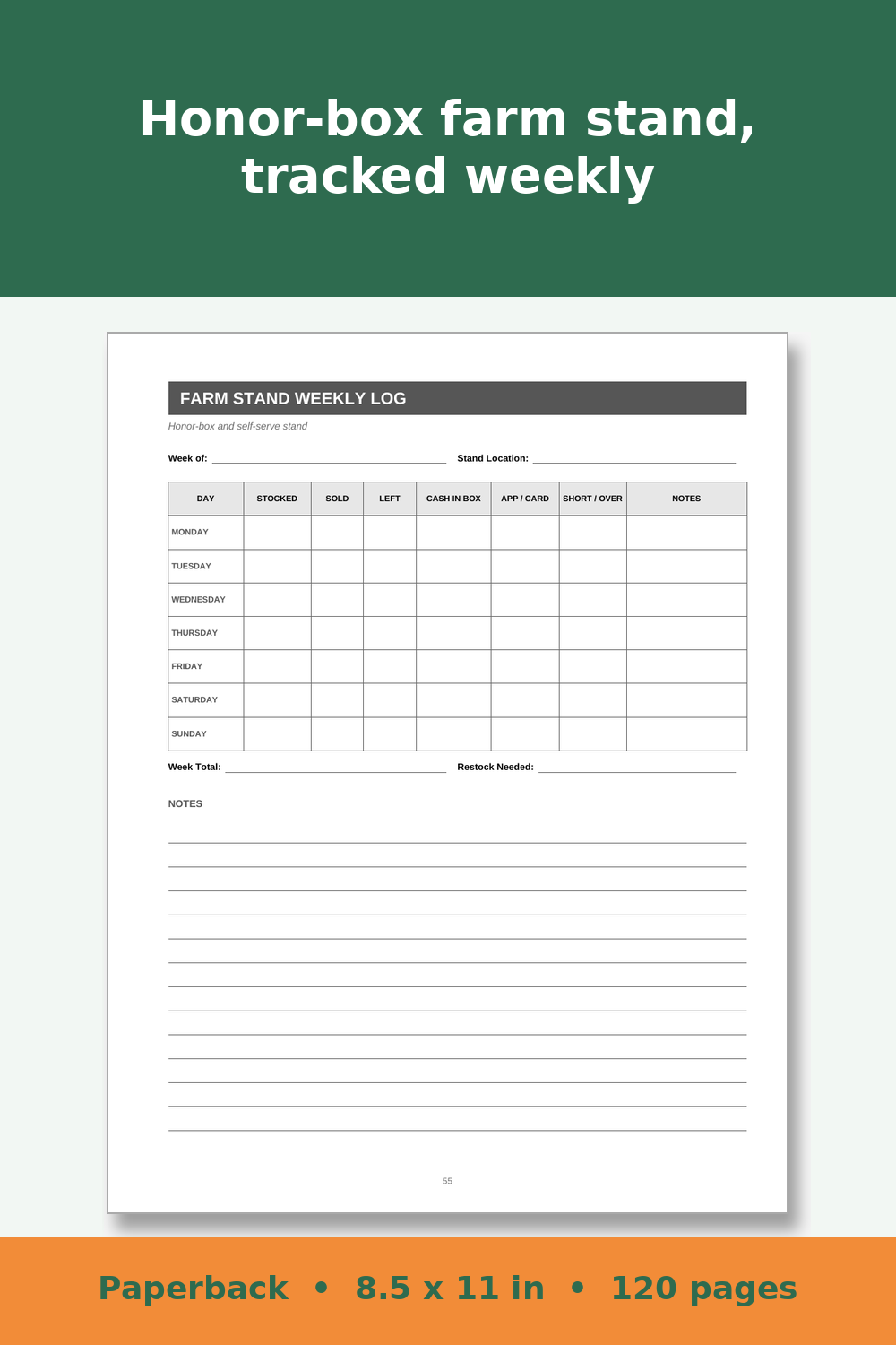 Farmers Market and Farm Stand Sales Log Book – inside page